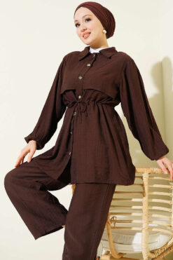 Alternative view of Belted Tunic Shirt Two-Piece Set Brown