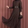 Bella Lace Detailed Belted Modest Dress Brown - الصورة 3