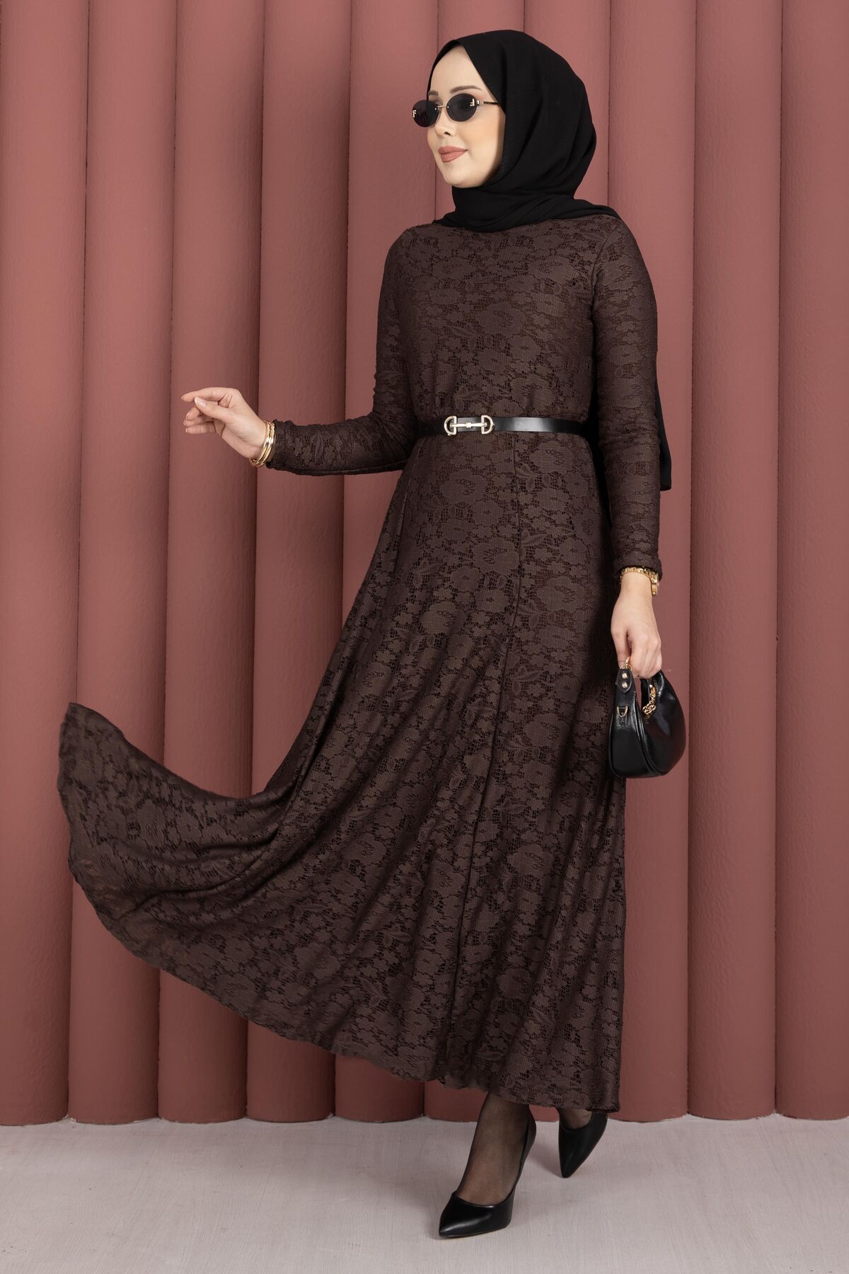 Bella Lace Detailed Belted Modest Dress Brown - الصورة 3