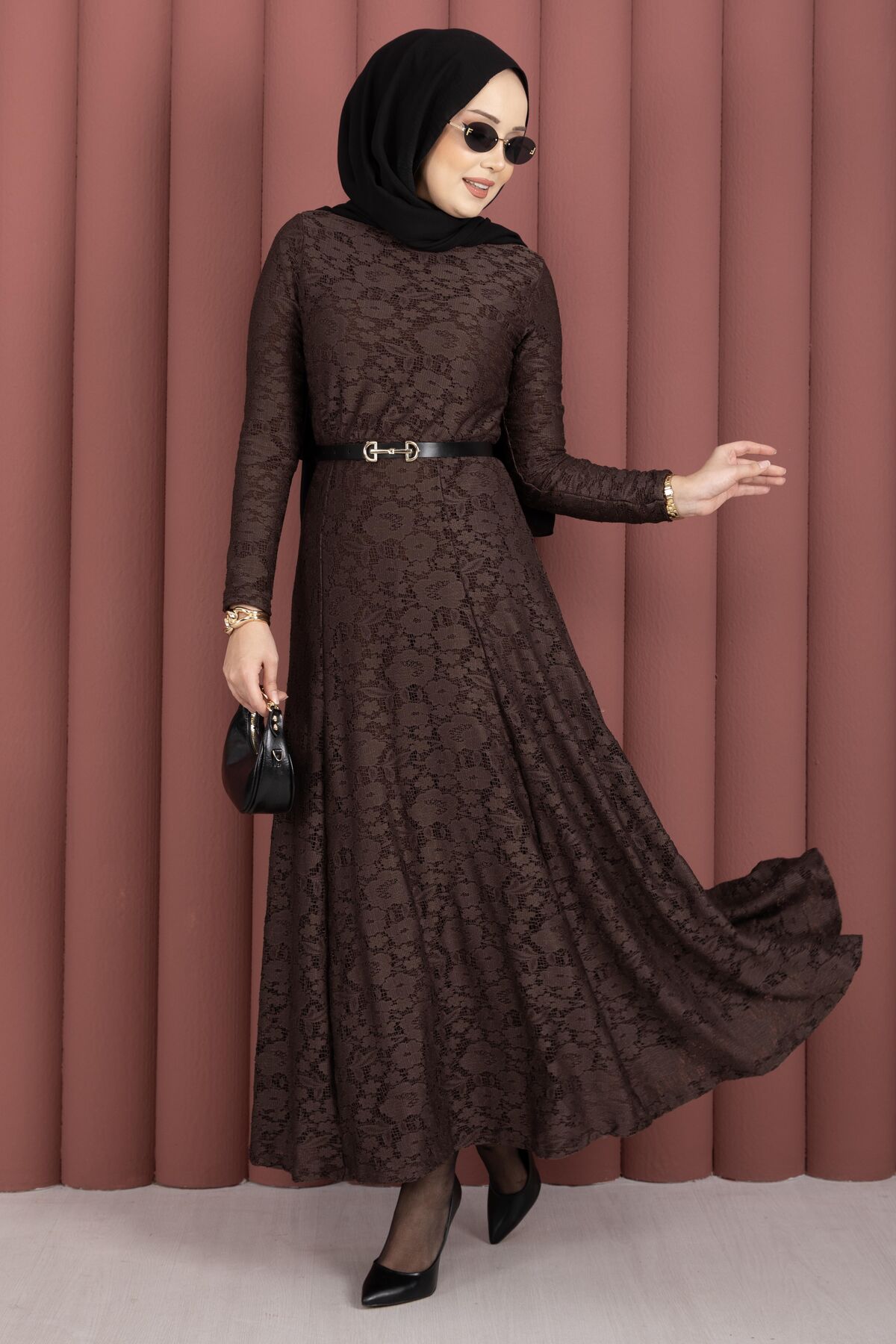 Bella Lace Detailed Belted Modest Dress Brown