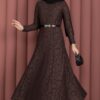 Bella Lace Detailed Belted Modest Dress Brown - الصورة 4