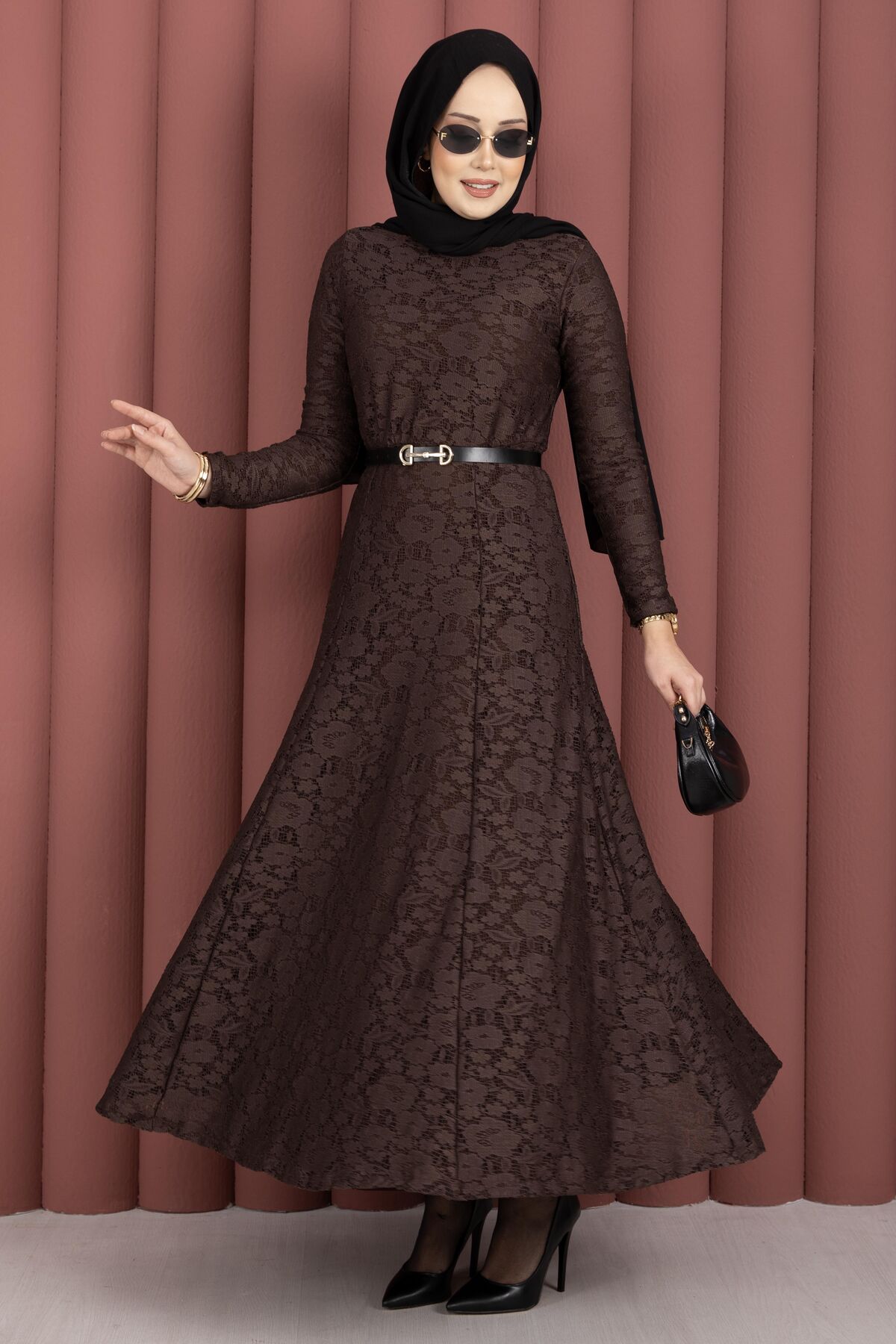 Bella Lace Detailed Belted Modest Dress Brown - الصورة 4
