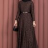 Bella Lace Detailed Belted Modest Dress Brown - الصورة 5
