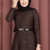 Bella Lace Detailed Belted Modest Dress Brown - الصورة 2