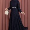 Bella Lace Detailed Belted Modest Dress Navy Blue – Bild 3