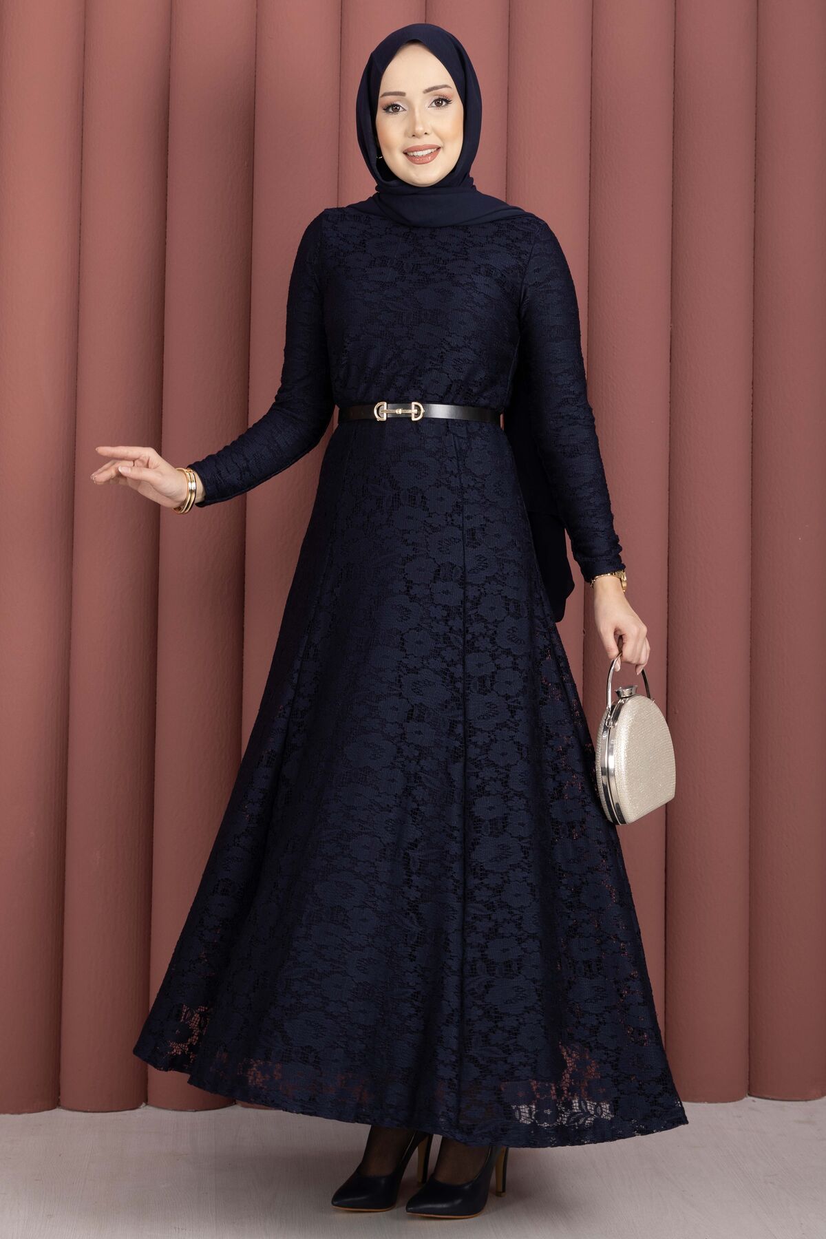 Bella Lace Detailed Belted Modest Dress Navy Blue