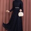 Bella Lace Detailed Belted Modest Dress Navy Blue – Bild 4