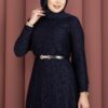 Bella Lace Detailed Belted Modest Dress Navy Blue – Bild 2
