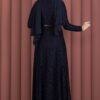Bella Lace Detailed Belted Modest Dress Navy Blue – Bild 6