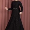 Bella Lace Detailed Belted Modest Dress Black - الصورة 5