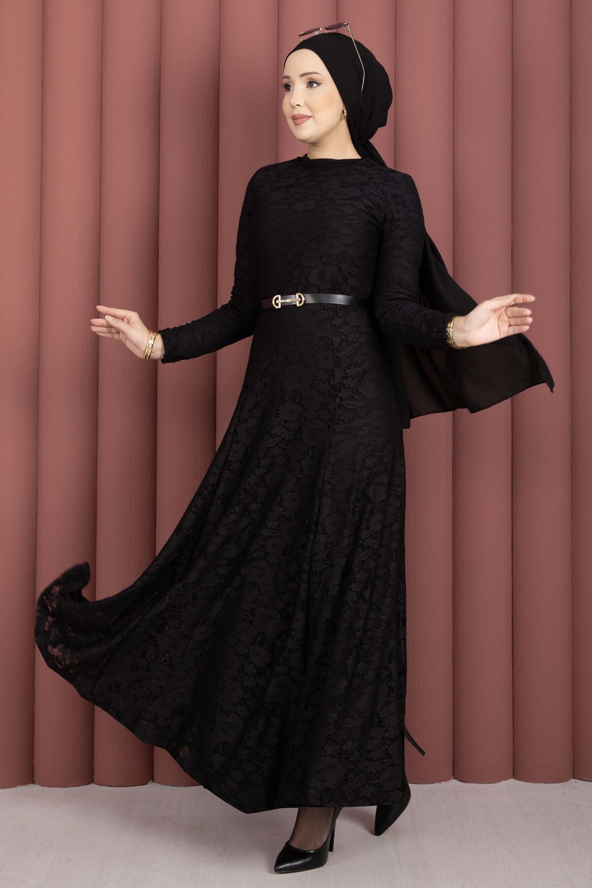 Bella Lace Detailed Belted Modest Dress Black