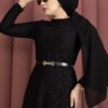 Bella Lace Detailed Belted Modest Dress Black - الصورة 2