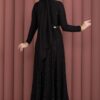 Bella Lace Detailed Belted Modest Dress Black - الصورة 7
