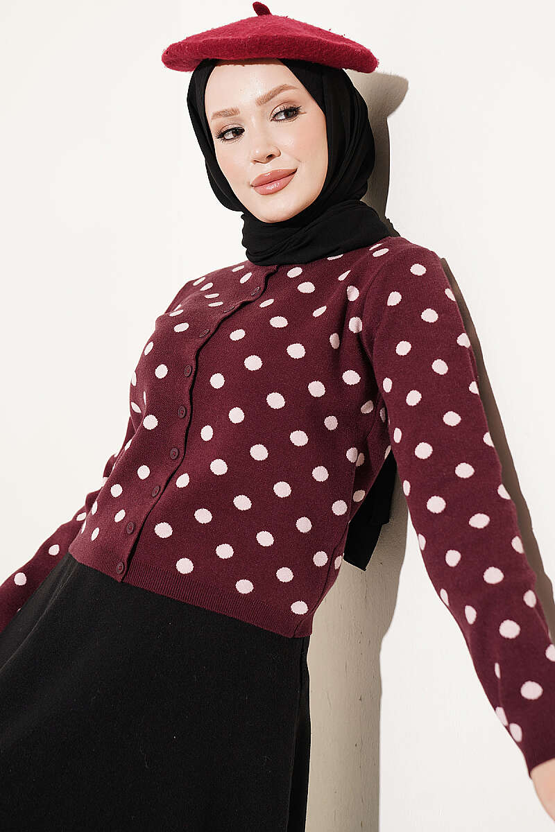 Beaded Patterned Knit Cardigan Burgundy