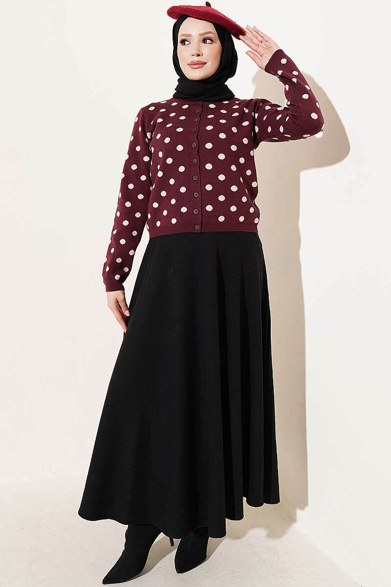 Beaded Patterned Knit Cardigan Burgundy - الصورة 2