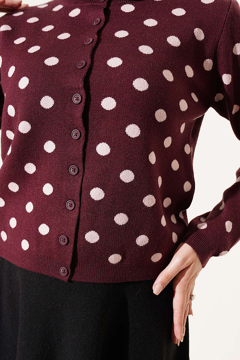 Beaded Patterned Knit Cardigan Burgundy - الصورة 4