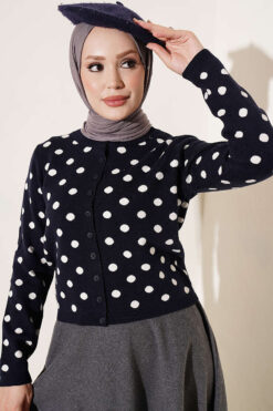 Beaded Patterned Knit Cardigan Navy Blue