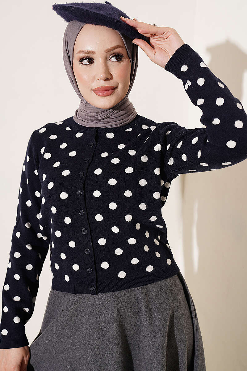 Beaded Patterned Knit Cardigan Navy Blue