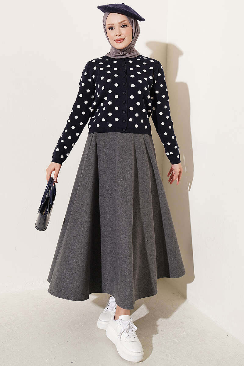 Beaded Patterned Knit Cardigan Navy Blue - الصورة 2