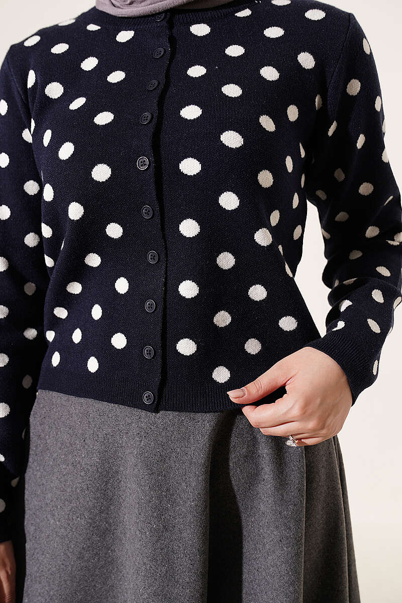 Beaded Patterned Knit Cardigan Navy Blue - الصورة 4
