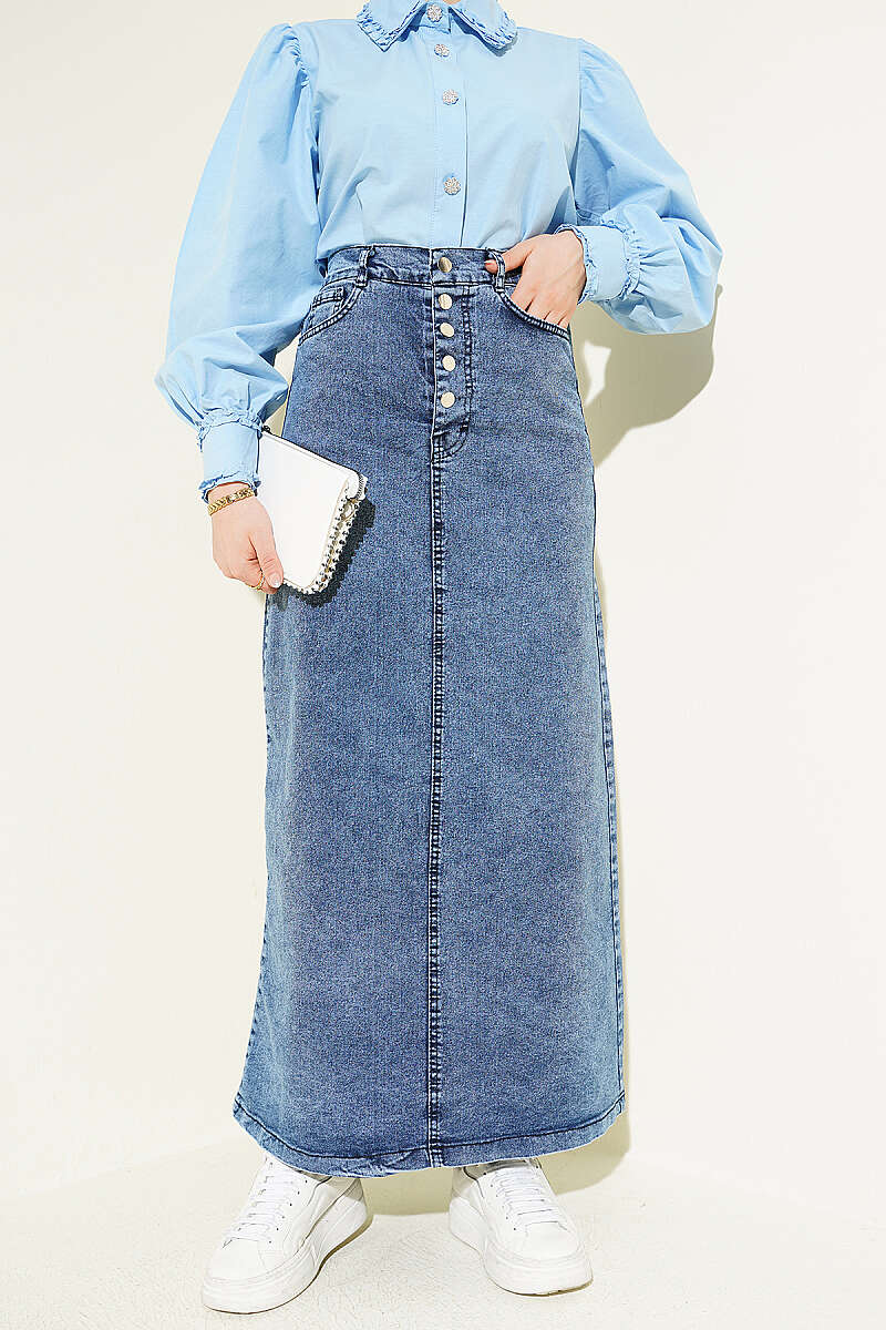 Five-Button Denim Skirt Blue