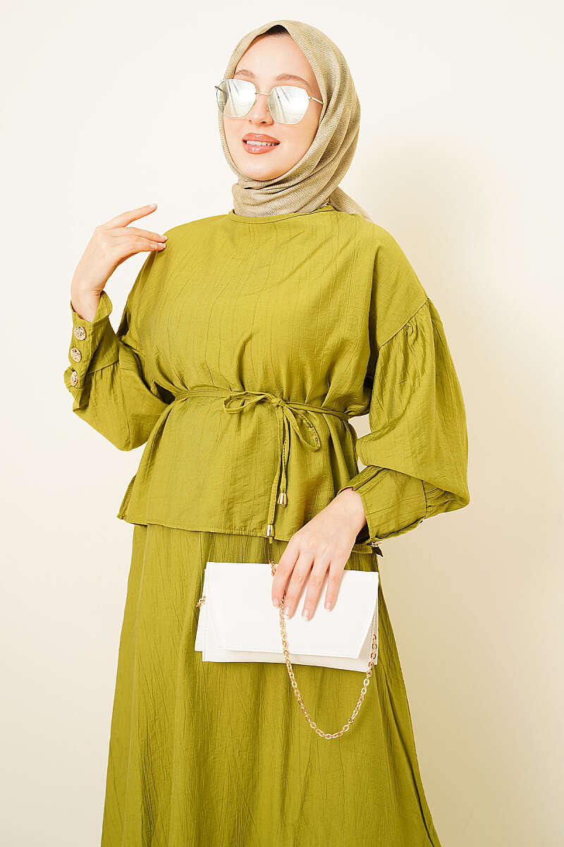 Ankle Button Blouse and Skirt Set Oil Green - Image 2