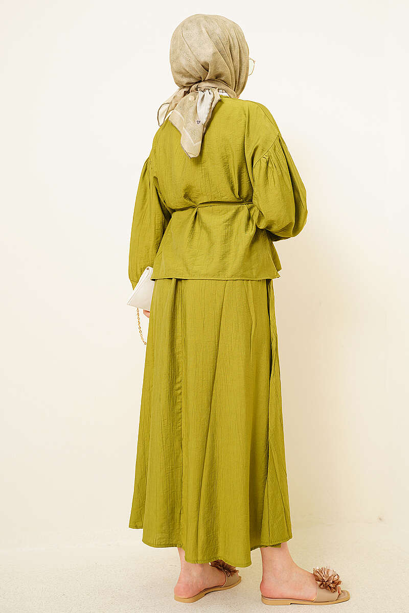 Ankle Button Blouse and Skirt Set Oil Green - Image 3