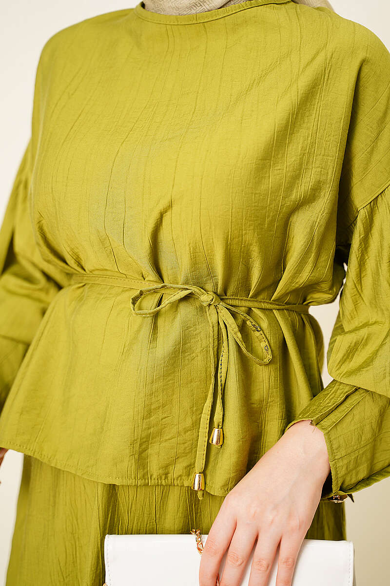 Ankle Button Blouse and Skirt Set Oil Green - Image 4