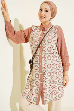 Ankle Buttoned Lace Detail Shirt Camel