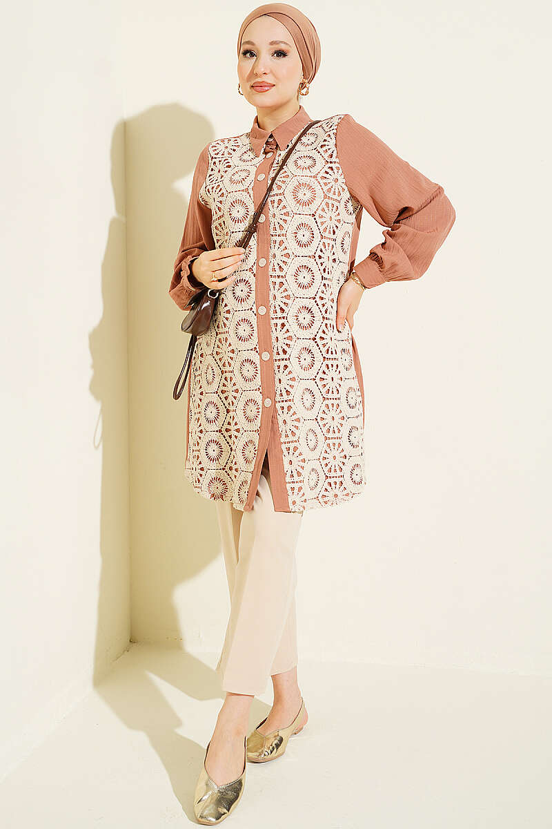 Ankle Buttoned Lace Detail Shirt Camel - Image 2