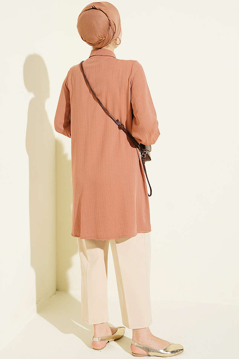 Ankle Buttoned Lace Detail Shirt Camel - Image 3