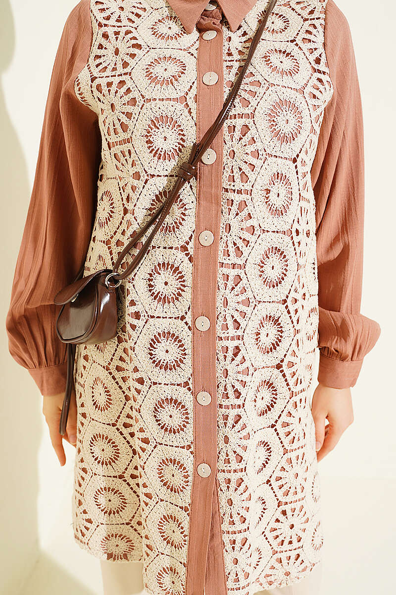 Ankle Buttoned Lace Detail Shirt Camel - Image 4