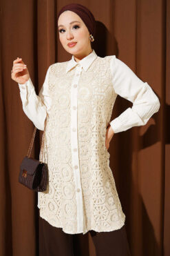 Ankle Buttoned Lace Detail Shirt Ecru