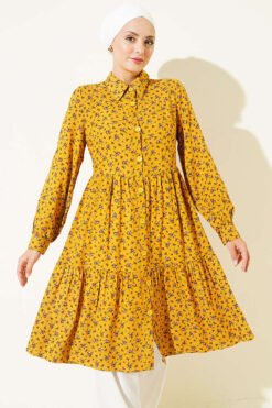 Ankle Buttoned Patterned Shirt Mustard