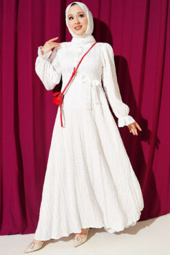 Ankle Ruffled Half-Button Dress Ecru