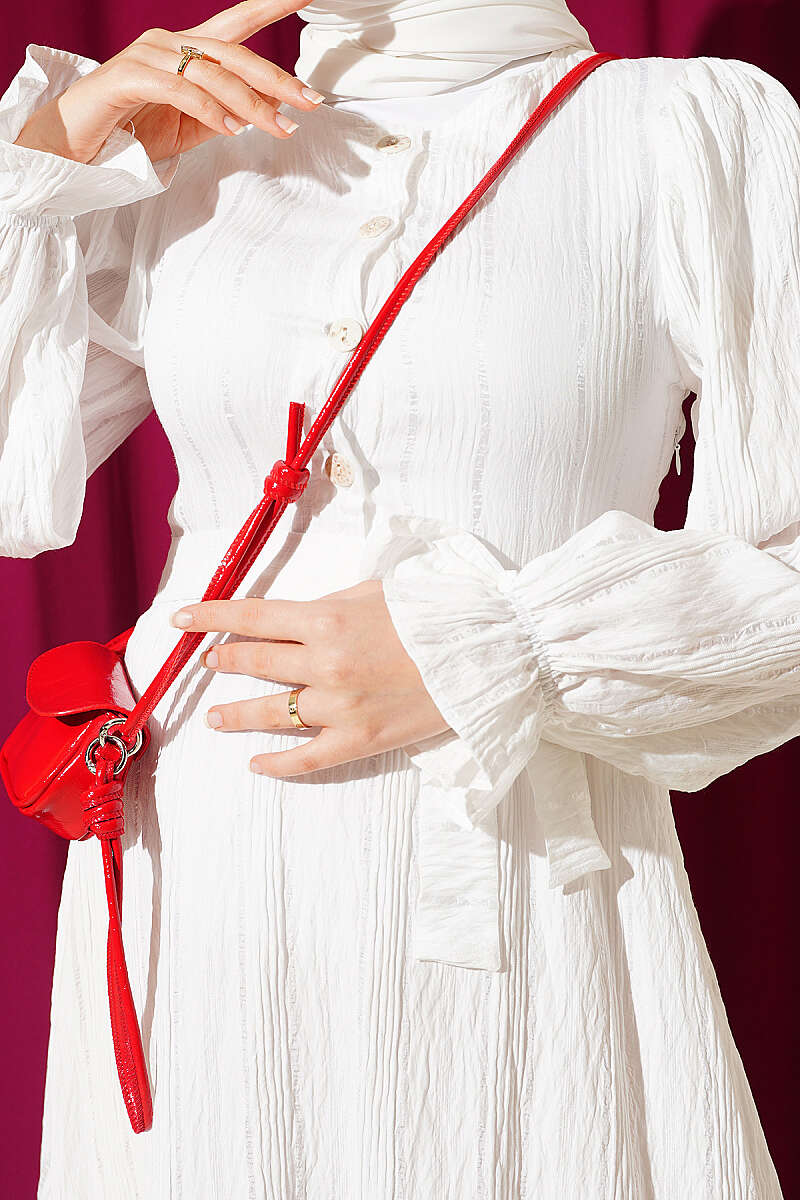 Ankle Ruffled Half-Button Dress Ecru - Imagen 4