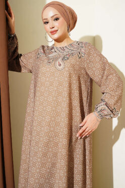 Alternative view of Ankle-Cuffed Dress with Patterned Detail Camel
