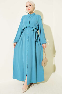 Printed Dress with Ankle Elastic Hem Petrol