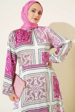Alternative view of Ankle Band Gathered Patterned Satin Dress Fuchsia