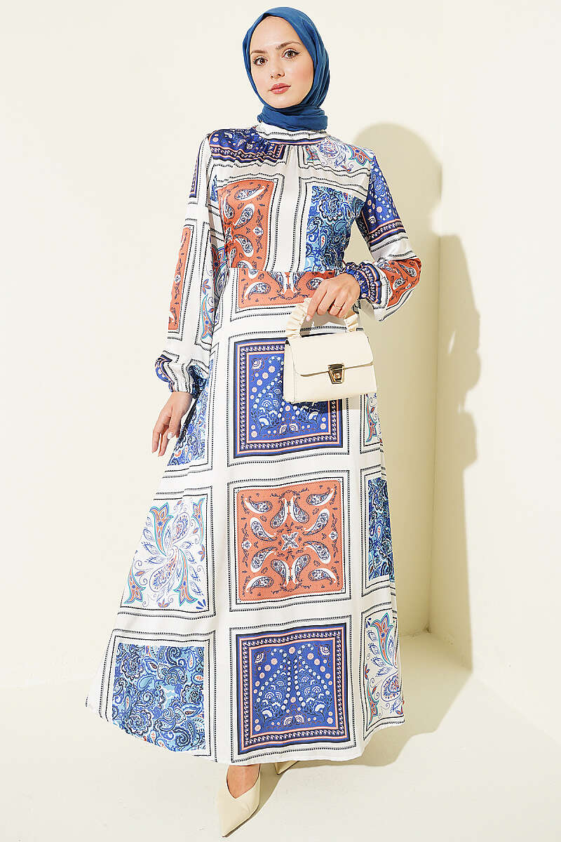 Ankle Band Gathered Patterned Satin Dress Blue