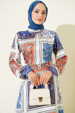 Alternative view of Ankle Band Gathered Patterned Satin Dress Blue