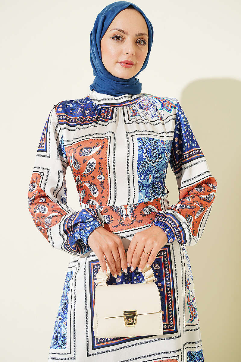 Ankle Band Gathered Patterned Satin Dress Blue - Imagen 2
