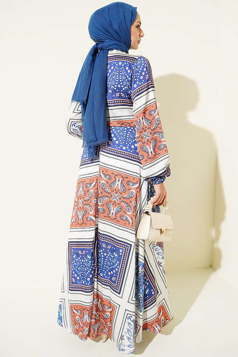 Ankle Band Gathered Patterned Satin Dress Blue - Imagen 3