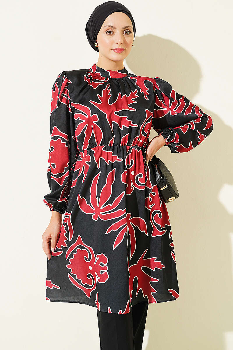 Printed Satin Tunic with Ankle-Length Cuffs Black