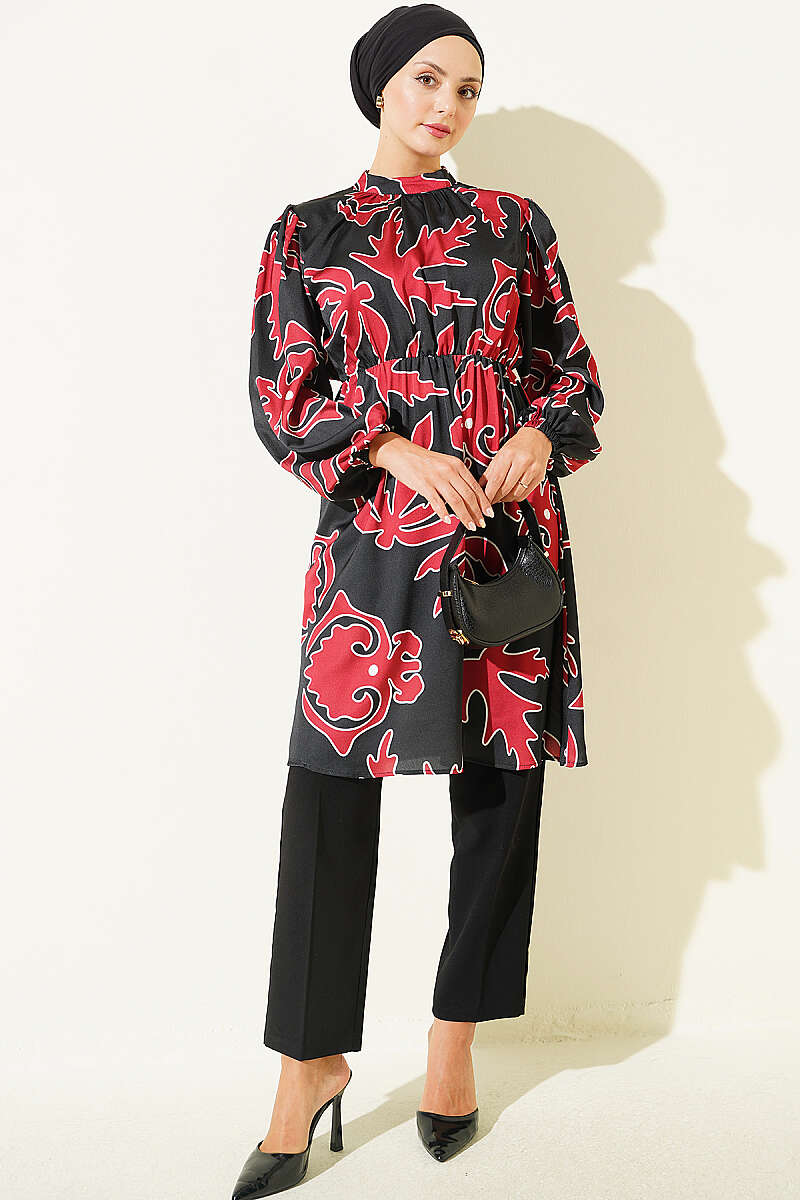Printed Satin Tunic with Ankle-Length Cuffs Black - Image 2