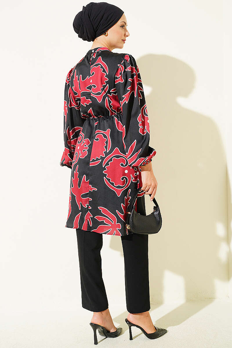 Printed Satin Tunic with Ankle-Length Cuffs Black - Image 3