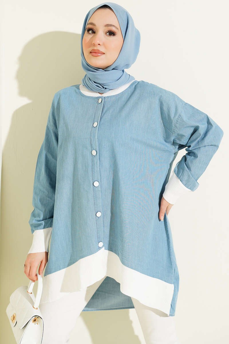 Buttoned Denim Tunic with Ankle Ribbing Denim Blue