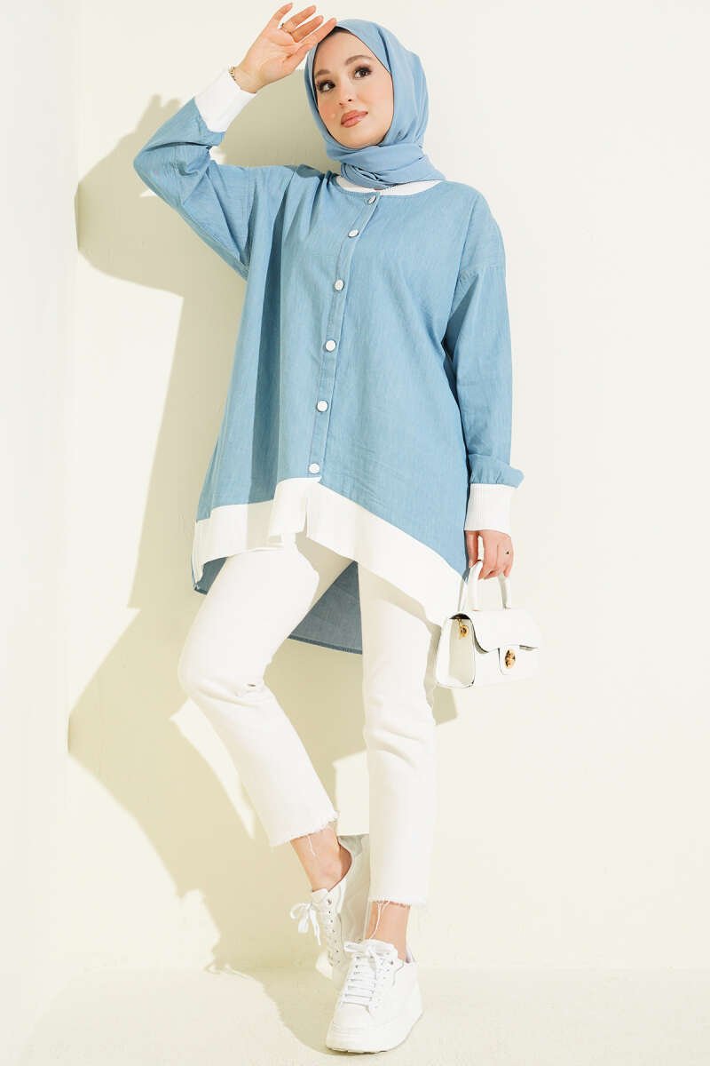 Buttoned Denim Tunic with Ankle Ribbing Denim Blue – Image 2