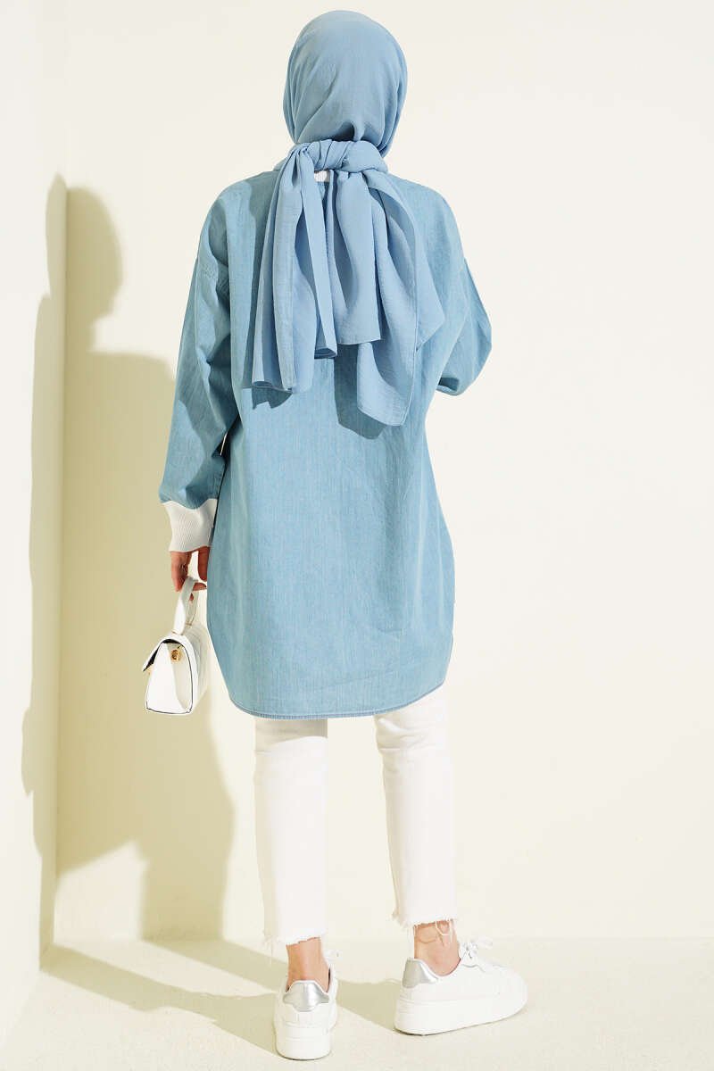 Buttoned Denim Tunic with Ankle Ribbing Denim Blue – Image 3