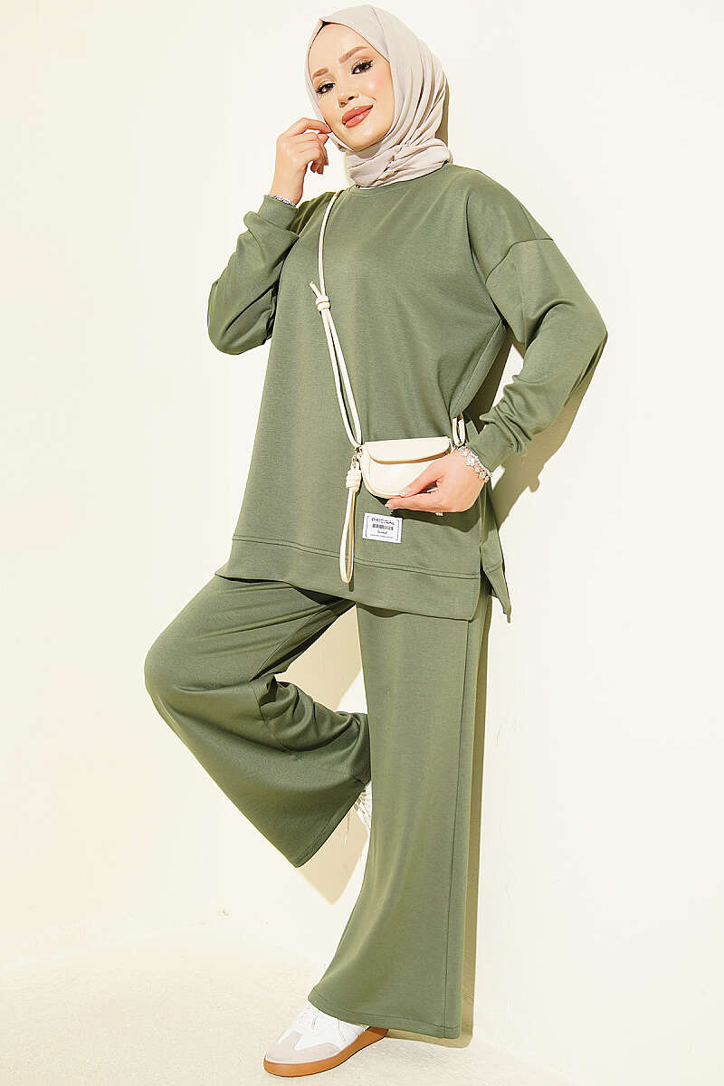 Crew Neck Top and Arm-Detail Two-Piece Set Khaki